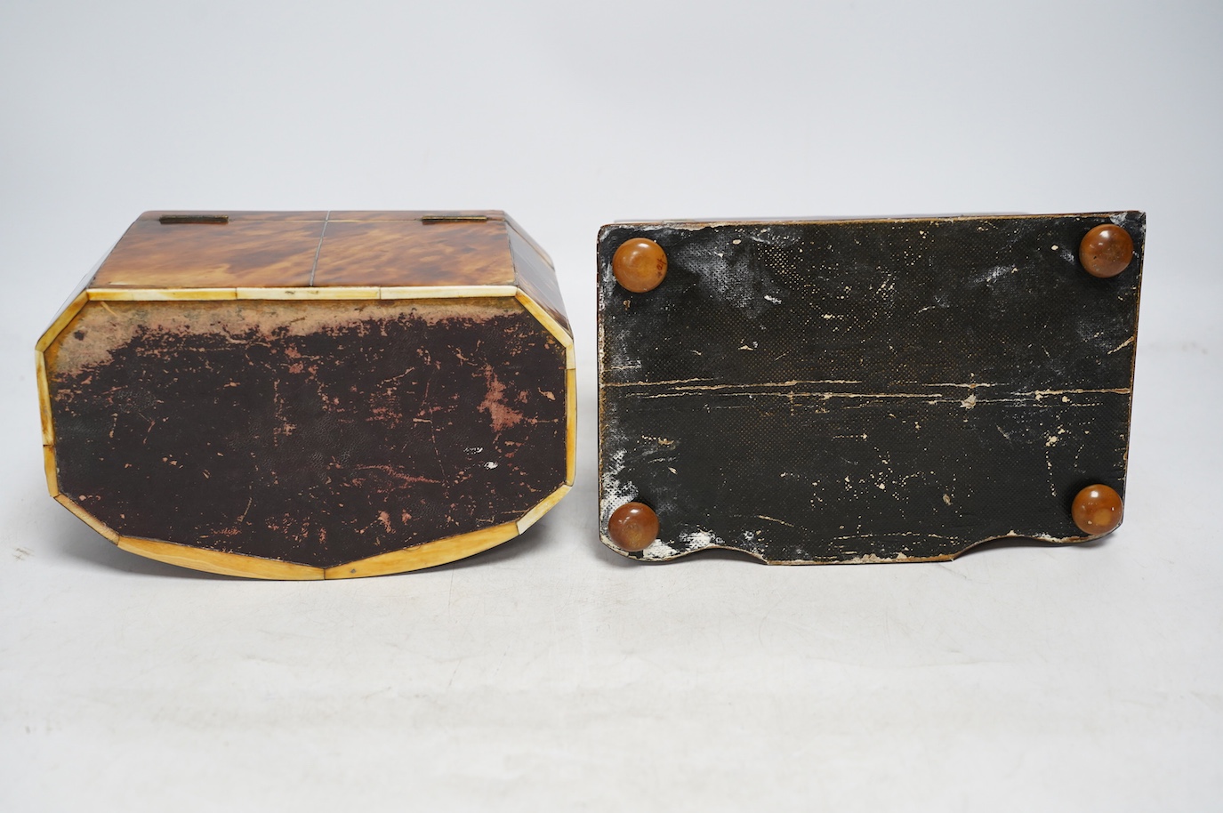 Two Regency ivory inlaid tortoiseshell tea caddies, 20cm wide, CITES Submission references DPGGV1RZ & 5672U3PY. Condition - fair